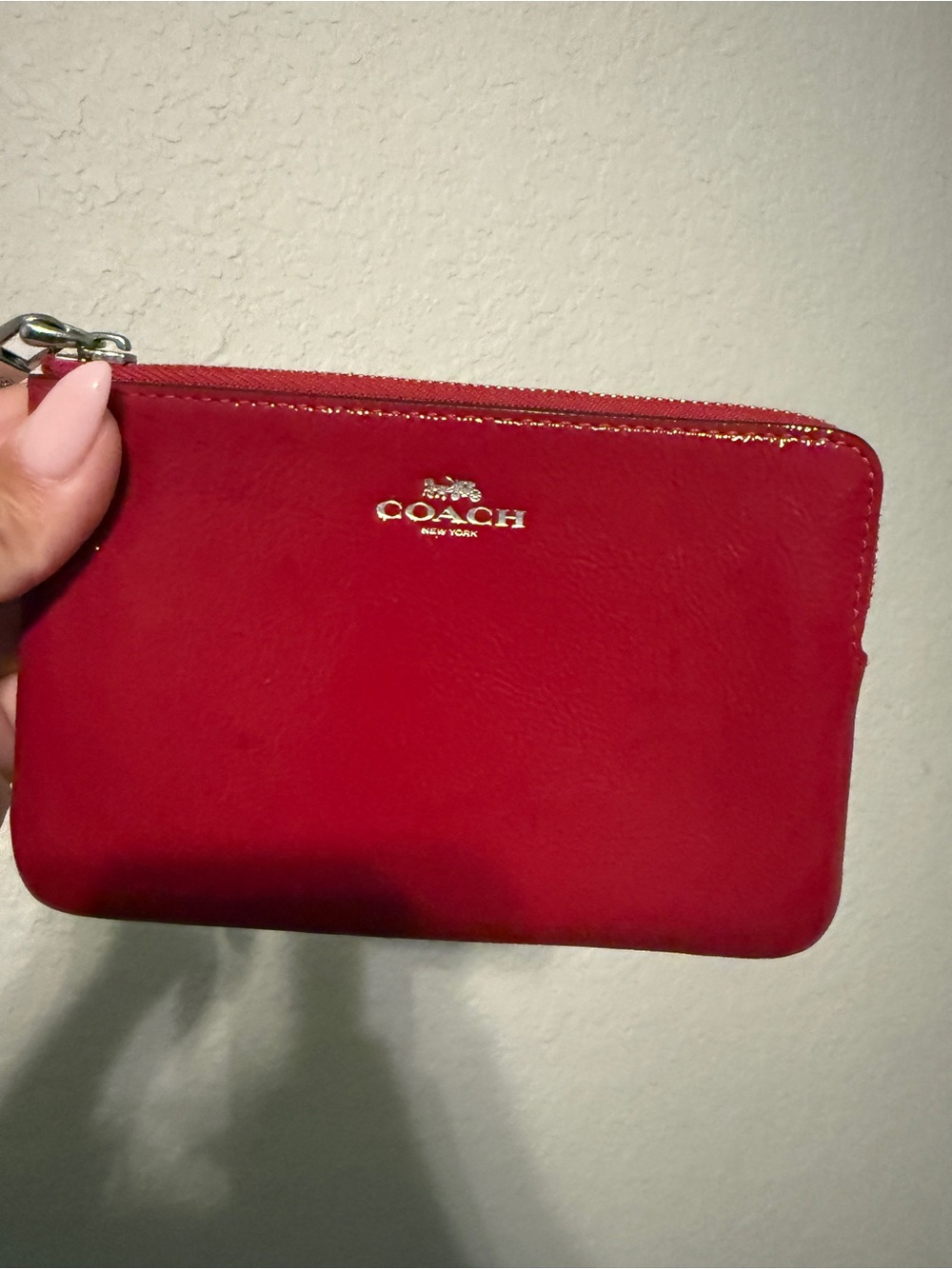 Coach Red Leather Zip Wristlet Pouch with Gold Logo